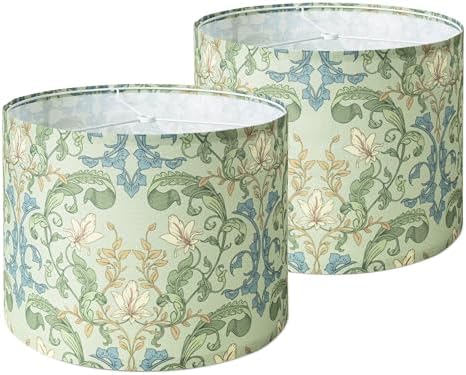 AELS Vintage Lamp Shades Set of 2, Green Botanical Fabric Drum Lampshades for Table or Floor Lamps, 13x13x10 Medium Size (Spider Fitter), Easy Assembly Required