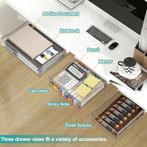 SVNNELP Under Desk Table Drawer Storage Organizer,3 Pack Small & Medium & Large Slide Out Desk Drawers - Hidden Desktop Organizer,Adhesive Storage Pencil Tray Under Table(Clear/LMS)