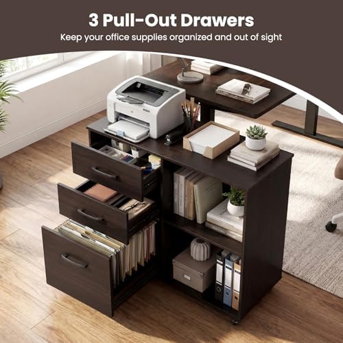 Giantex 3-Drawer Mobile File Cabinet, Rolling Printer Stand with Open Storage Shelves, Under Desk Lateral Filing Cabinet for Letter/A4 Size, Wooden Office Organizer with Wheels for Home Office (Brown)