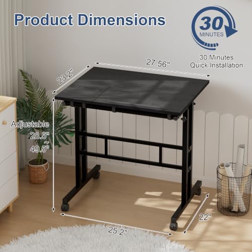 VECELO Mobile Small Standing Desk Adjustable Height, Computer Workstations with Tiltable Tabletop, Lockable Wheels, Portable Rolling Laptop Desk for Home Office, Black