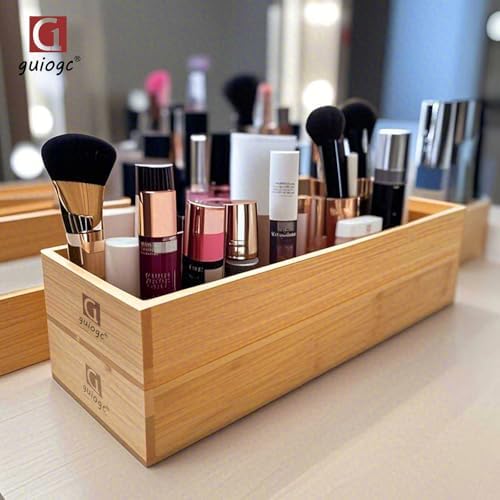 guiogc Set of 2 Bamboo Drawer Organizer, Stackable Utensil Organizer for Kitchen, Bamboo Storage Box Wood Silverware Tray for Drawer