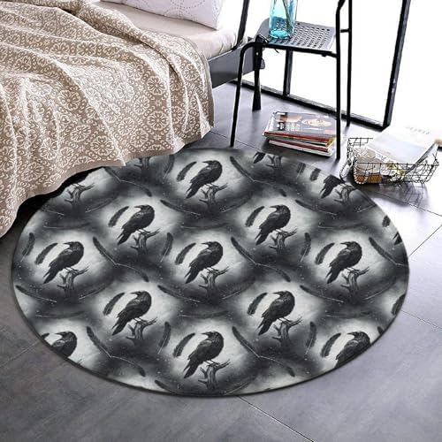 Home Decor Non Slip Kitchen Office Circle Rug, Machine Washable Modern Round Area Rug, Room Sofa Yoga Soft Round Carpet Black Crow Raven