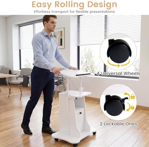 Giantex Mobile Podium Stand, Sit-to-Stand Laptop Cart with Tilting Tabletop & Storage Cabinet, Lockable Casters, Height-Adjustable Rolling Lectern for Classroom, Church, Home Office (White)