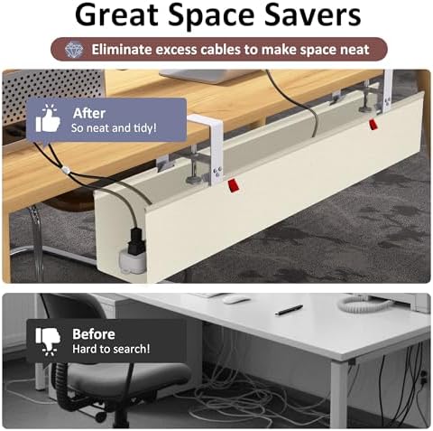 36" Under Desk Cable Management Tray for Home Office, No Drill Cord Organizer for Glass & Wood Table, Anti-Sag Oxford Fabric Wire Management Hider, Fits Surge Protector (Beige, 35.8")
