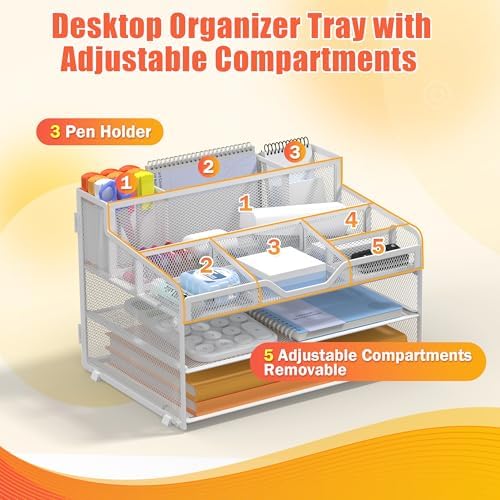 Docnest 3 Tier Mesh Desk Organizer with Letter Tray & Paper Sorter, White