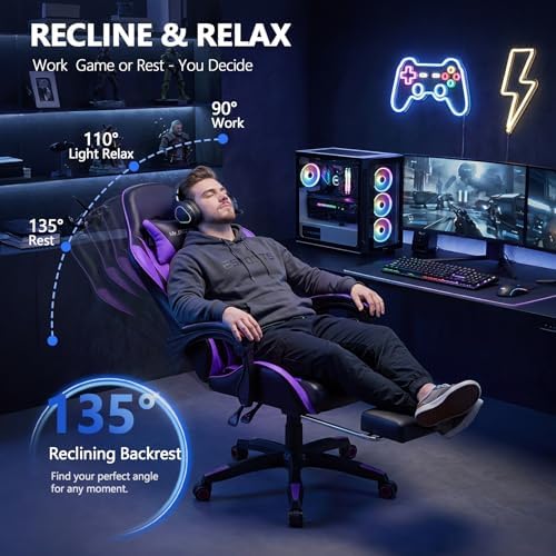 Mr IRONSTONE Purple Gaming Chair with Footrest, Ergonomic High Back Gamer Chair with Massage Lumbar Support, Reclining Video Game Chair with Adjustable Headrest, Swivel Computer Desk Chair