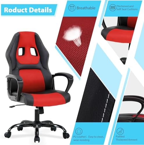 Cheap Gaming Chair Video Game Chair Ergonomic Computer Game Chair with Lumbar Support Adjustable Armrest High Back Racing Swivel Office Chair PU Leathe for Adults Kids Red
