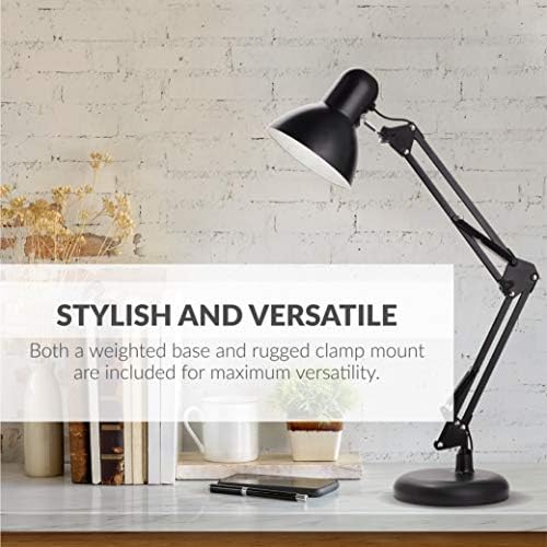 Newhouse Lighting 24-in. Wright Painted Black Metal Swing Arm Lamp with Weighted Base and Clamp NHDK-WR-BK, Tall Desk Lamp for Home Office or Home Improvement, Adjustable Office Desk Accessory