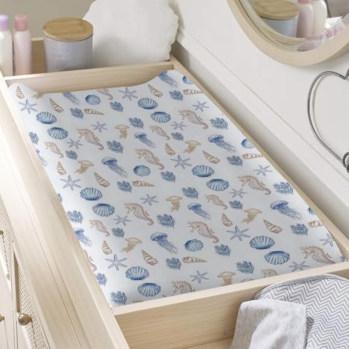 Sea Animals Seashells Seahorse Starfish Baby Changing Pad Cover, Unisex Ocean Beach Theme Nursery Diaper Changing Table Pad Mat Sheet for Boys Girls-16x32