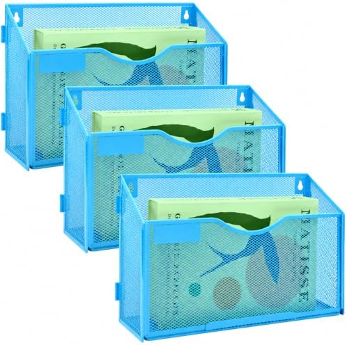 3 Packs 1 Tier A4 Mesh in Tray Hanging Wall File Holder Magazine Document Holder Mail Organiser Magazine Storage Rack,Durable Metal Mesh Filing Storage, Sky Blue