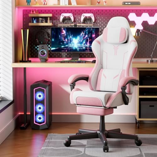 Ferghana Fabric Ergonomic Gaming Chair, High Back Computer Chair with Footrest and Linkage Armrest, Office Video Game Chair with Massage Lumbar Support for Adult, White/Pink