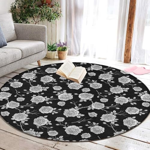 Men's Large Home Decor Mat, Soft Round Yoga Carpet, Non Slip Machine Washable Home Office Circle Rug Black Roses Pattern, 24inch