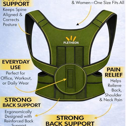 Posture Corrector for Men & Women by Plethon – Adjustable Back Brace, Clavicle Support & Upper Back Straightener for Better Sitting and Standing Posture, Fits 30–46 Inch Waist (Green)