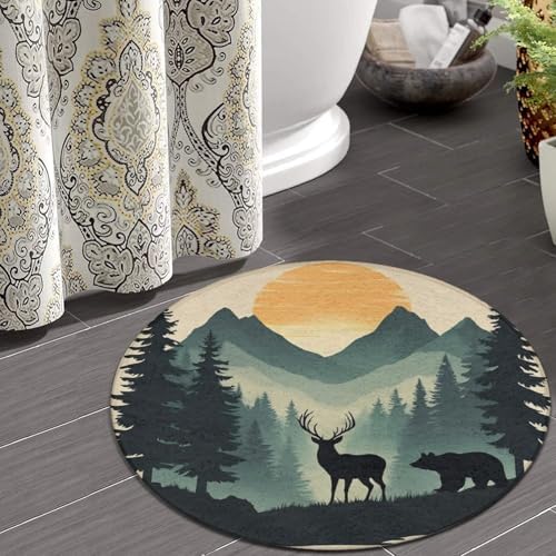 Fashion Round Area Rug Large Non Slip Carpet, Sunset Country Rustic Farmhouse Deer Bear Unisex Home Decor Mat