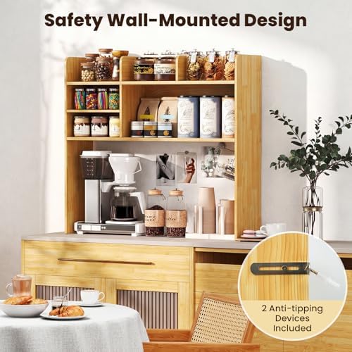 GIANTEX Desktop Bookshelf, 37" Desk Hutch Dorm for Computer Up to 32 Inch, Countertop Hutch w/6 Storage Shelves, 3-Tier Desktop Organizer Display Rack, Wood Desk Shelf for Home Office (Burlywood)