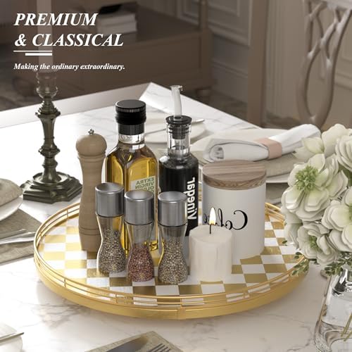 AMH 16-Inch Gold and White Checkerboard Lazy Susan with Rubberwood Base