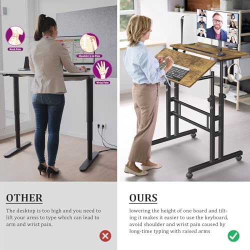Enayplon Small Standing Desk with Wheels, Mobile Stand Up Desk, Portable Standing Table on Wheels for Walking Pad, Rolling Computer Desk Adjustable Height, Tall Table