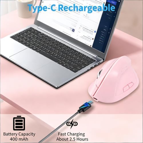 Vertical Wireless Mouse, Ergonomic Design, Dual Mode, 400mAh Type-C, 3 Adjustable Sensitivity Levels,Compatible with Windows/Laptop/Tablet,Suitable for Office & Study (Pink)