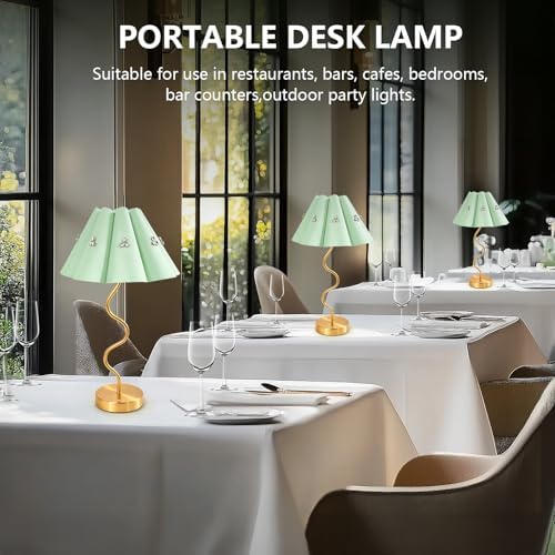 Cordless Rechargeable LED Table Lamp, Portable Desk lamp Battery, 3 Color Stepless Dimming with Memory Function, Suitable for Outdoor, Dinner, Patio & Restaurant. (Green with Diamonds)