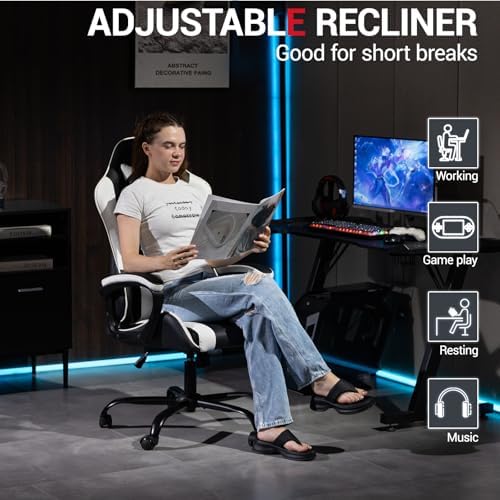 Ergonomic Massage Gaming Chair for Kids Adults, Comfy PU Leather Office Desk Chair with Adjustable Headrest Lumbar Support 360 Swivel, White