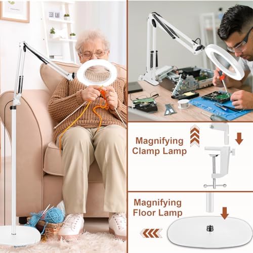 LANCOSC 15X Magnifying Glass with Light and Stand, 3-in-1 Adjustable Swing Floor Lamp, 5 Color Modes Stepless Dimmable, LED Lighted Hands Free Magnifier & Clamp for Reading, Crafts, Painting - White