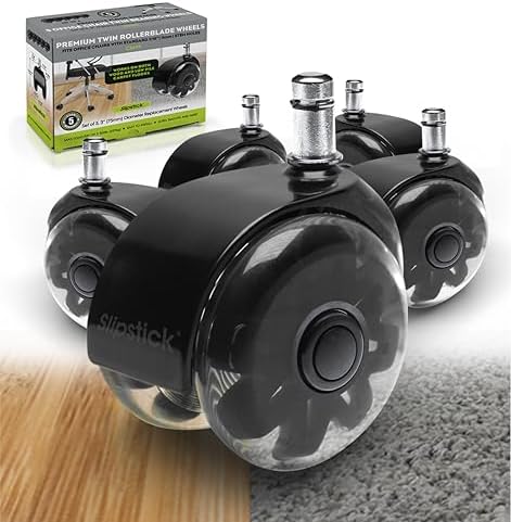 Monster 3” Dual Rollerblade Office Chair Wheels (Set of 5) Slipstick Premium Rubber Caster Wheels for Chairs, Smooth & Safe Rolling on All Flooring