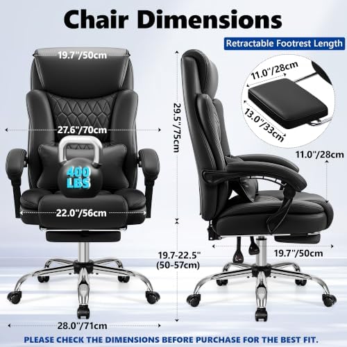 Ergonomic Office Chair Executive PU Leather High Back, 400lbs Heavy Duty Reclining Desk Chair with Footrest, Adjustable Lumbar Support, Padded Armrests, Wide Seat, Black