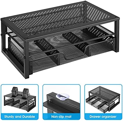 Simple Trending Metal Monitor Stand Riser and Computer Desk Organizer with Drawer for Laptop, Computer, iMac, Black