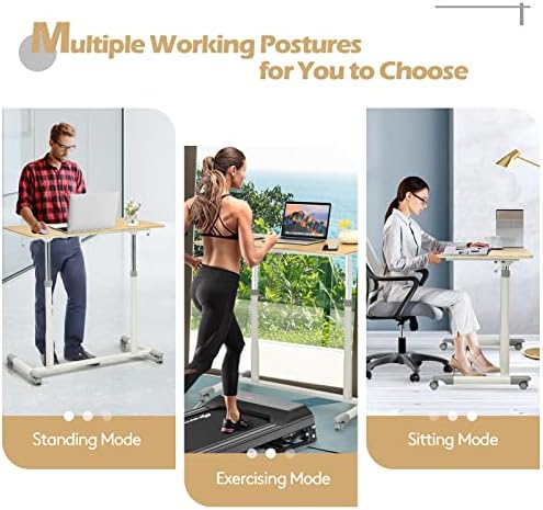 COSTWAY Mobile Height Adjustable Standing Desk, Compact Pneumatic Sit to Stand Computer Desk w/Lockable Casters, Ergonomic Rolling Laptop Table w/Steel Frame for Home Office (Natural)