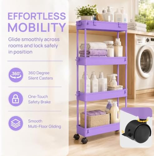 SPACELEAD Slim Storage Cart 3 Tier,Bathroom Organizer Rolling Utility,Mobile Shelving Unit Slide Out for Office, Kitchen, Laundry Room & Narrow Places,Purple