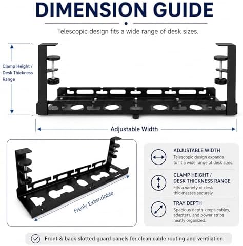 No Drill Under Desk Cable Management Tray, Adjustable 17.6"-27.4" Clamp-On Metal Cable Tray for Power Strip, Under Desk Cord Organizer and Wire Management Holder for Standing Desk, Gaming Desk, Office
