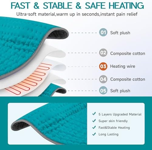Heating Pad for Period Cramps, Heating Pad for Back/Neck/Shoulder Muscle Pain, 6 Heating & 4 Timer Setting, Auto Shut Off, Moist Heat & Machine Washable, Birthday Christma s Gifts for Women Mom, Cyan