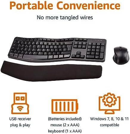 Amazon Basics Ergonomic Wireless Keyboard and Mouse Combo with Wrist Rest, Plug and Play, 2.4 GHz USB, Easy to Use, Black