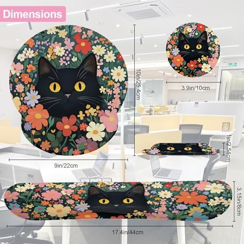 Cute Black Cat Flower Mouse Pad with Wrist Rest Set, 3-in-1 Wrist Support Mousepad Set, Gaming Mat Pad with Anti-Skid Base,Ergonomic Memory Foam Mouse Pad Set for Women, Office, Typing, Gaming