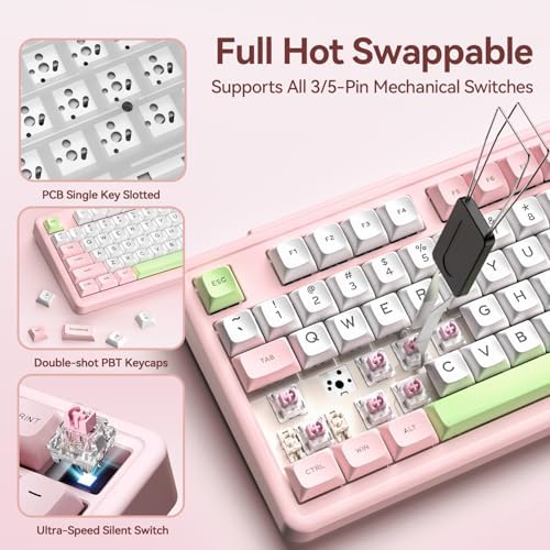 AUSDOM H98 Pink Creamy Mechanical Keyboard, 96% Silent Quiet Wireless Keyboard with Number Pad, Hot Swappable Gaming Keyboard 2.4G/BT/USB-C with RGB Backlit, 8000mAh Battery, 98 Keys for Mac/Win