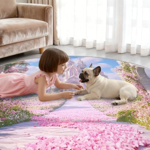 Princess Castle Round Area Rug - 3.3ft Floral Castle Round Rug for Kitchen, Dreamy Theme Circle Rugs Washable Soft Non-Slip Carpet for Bathroom Kitchen Decor Mat