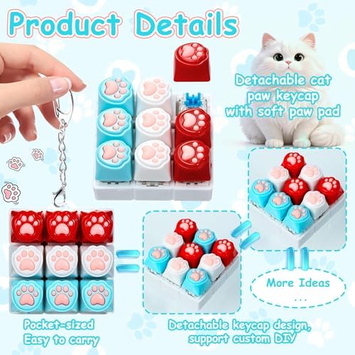 Cat Paw Keyboard Fidget Toy, Red White Blue Keyboard Fidget Keychain 9-in-1 Keyboard Decompression Button Finger Clicker Toys, 4th of July Fidget Toy ADHD Sensory Fidget Toys Stress Relief Gifts