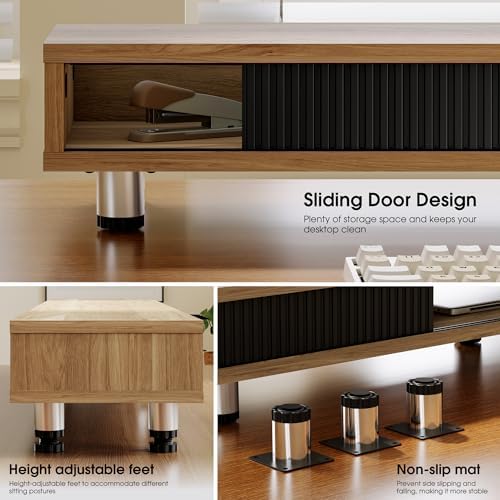 Fenge Dual Monitor Stand with Storage, Desk Shelf with Glass Sliding Door