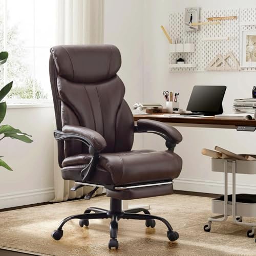 Big and Tall Office Chairs with Foot Rest,500LBS Wide Ergonomic Gaming Chair,100-135°Recline Executive Leather Computer Chairs with Adjustable Height,Coffee