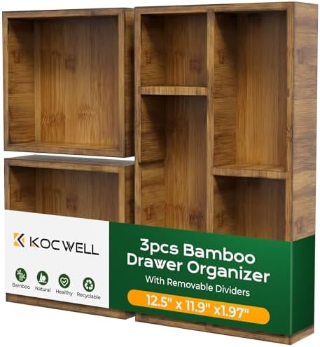 KOCWELL Bamboo Desk Drawer Organizer with Removable Dividers,Multi-Use Office Drawer Organizer Tray,Junk Drawer Organizers for Office,School,Kitchen,Makeup Supply（Carbon Brown）