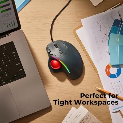 Wired Ergonomic Trackball Mouse, 34mm Thumb Control, RGB Lighting