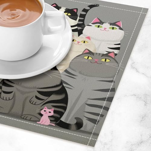 Cute Cats Group Portrait Linen Placemats Set of 4PCS, Heat Resistant Non-Slip Washable Table Placemats for Dining Everyday Use Hotel Banquet Home Decor