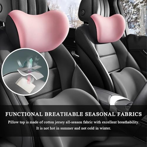 2 PCS Car Headrest Cushion, Ergonomic Memory Foam Car Neck Back Support w/Removable Cover, Universal Breathable Lumbar Cushion Headrest Pillow with Adjusatble Strap (Pink)