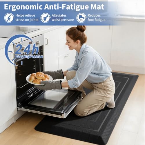 UKISS 9/10"" Extra Thick Cushioned Anti Fatigue Kitchen Mat, Waterproof High Density Foam Standing Desk Mat, Non-Slip Ergonomic Comfort Mat for Kitchen, Office,Workstation Black (Black, 20" X 48")
