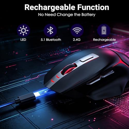 JOYACCESS Wireless Bluetooth Mouse, Rechargeable Wireless Mouse with LED, Three Mode Bluetooth, 2.4G & Wired, Silent, Wireless Ergonomic Mouse for Laptop, PC, MacBook, iPad, Tablet (Black)