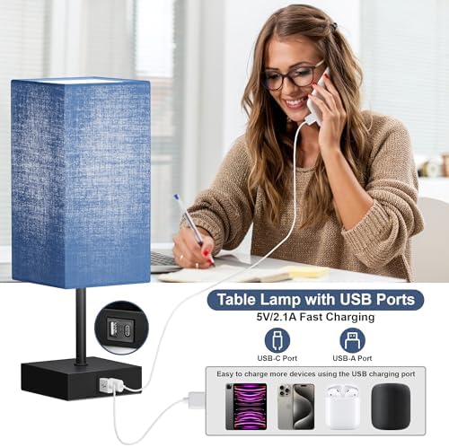 Bedside Table Lamp for Bedroom with 2USB Ports, 14-Inch, NavyBlue