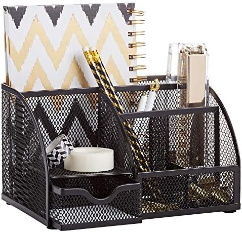 Annova Mesh Desk Organizer Office with 7 Compartments + Drawer/Desk Tidy Candy/Pen Holder/Multifunctional Organizer (Black)