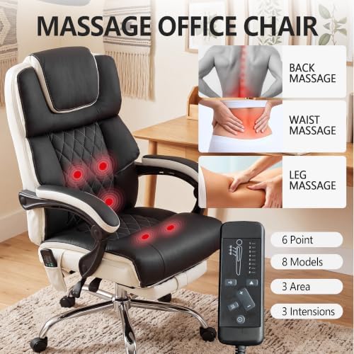 Massage Office Chair with Heat & Footrest,Heated Comfy Reclining Desk Chair with Vibration,Executive Big and Tall Chairs for Heavy People,Adjustable Height Black Black-White