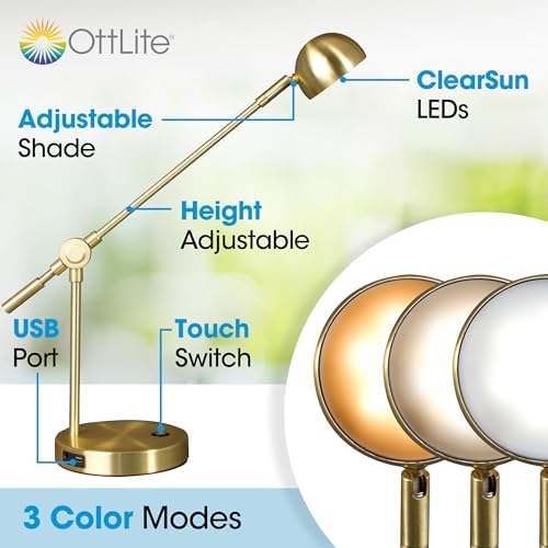 OttLite Direct LED Desk Lamp with USB Port, Brushed Gold