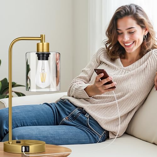 Nintiue Industrial Touch Table Lamps Set of 2-2 USB Ports & AC Outlet Nightstand Lamps, 3-Way Dimmable Bedside Desk Lamp for Living Room Bedroom, Glass Shade & 2 LED Bulbs Included - Brass